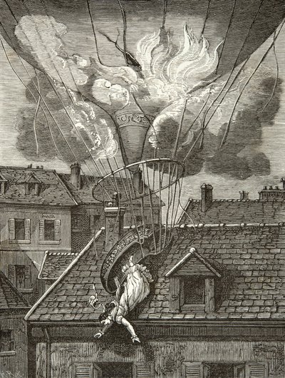 Morte drammatica di Madame Sophie Blanchard (1778-1819), aeronauta il 6 luglio 1819 sopra i giardini di Tivoli a Parigi, Incisione, Collezione privata da Anonymous Anonymous