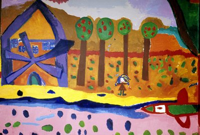 Disegno di bambini della scuola della Croix Rousse che raffigura un mulino e alberi. Saint Brieuc, Saint-Brieuc. da Anonymous Anonymous