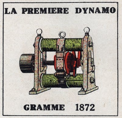 Dynamo: la prima dinamo inventata da Zenobe Theophile Gram (1826-1901) nel 1872. Illustrazione anonima del 1925. Collezione privata. da Anonymous Anonymous