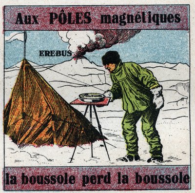 Magnetismo terrestre: ai poli magnetici, la bussola perde la bussola. Lo scienziato James Clark Ross (1800-1862) usa una bussola durante la sua spedizione scientifica in Antartide. Dietro di lui il vulcano Erebus che scoprì nel 1841. Illustrazione anonima da Anonymous Anonymous