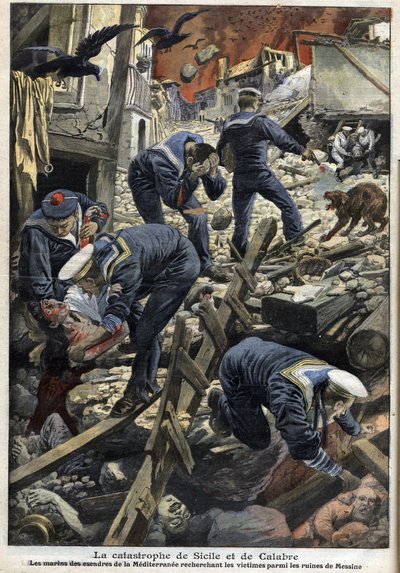 Terremoto in Sicilia, Calabria 1909 - Il disastro di Sicilia e Calabria (Terremoto) - I marinai del Mediterraneo cercano vittime tra le rovine di Messina - "Le Petit Journal" di gennaio 1909 da Anonymous Anonymous
