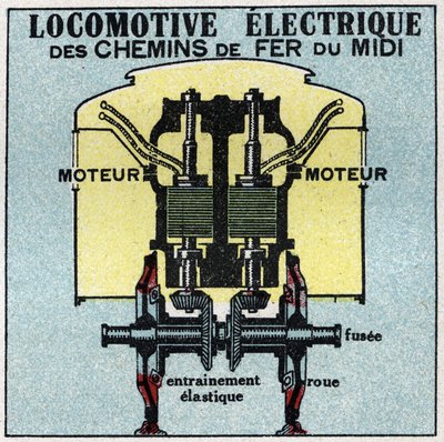 Ferrovie elettriche: sezione trasversale del motore di una locomotiva elettrica delle Ferrovie del Sud. Illustrazione anonima del 1925. Collezione privata. da Anonymous Anonymous