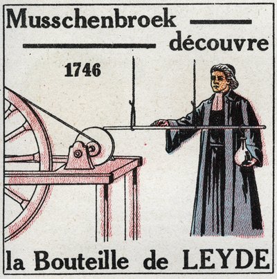 Condensatori elettrici: Pieter van Musschenbroek (1692-1761) scoprì la bottiglia di Leida, antenato del condensatore, nel 1746. Illustrazione anonima del 1925. Collezione privata. da Anonymous Anonymous