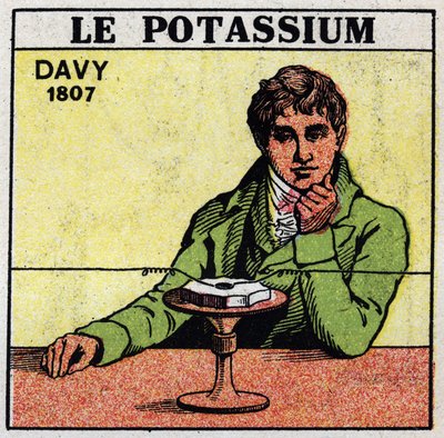 Elettrochimica: decomposizione di potassa (potassio) e soda da parte di Sir Humphry Davy (1778-1829) nel 1807. Illustrazione anonima del 1925. Collezione privata. da Anonymous Anonymous