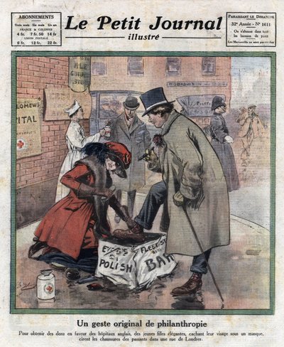 Giovani ragazze eleganti, il loro volto nascosto dietro una maschera, lucidano le scarpe dei passanti londinesi per raccogliere fondi per gli ospedali inglesi. Illustrazione tratta da "Le petit journal illustré" del 06/11/1921. Collezione privata da Anonymous Anonymous