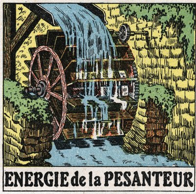 Energia di gravità: ruota di un mulino ad acqua. Illustrazione anonima del 1925. Collezione privata da Anonymous Anonymous