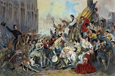 Episodio della Rivoluzione del 1830 davanti al Municipio di Bruxelles. Cromolitografia pubblicitaria dei cioccolatini Antoine a Bruxelles, inizio del XX secolo. da Anonymous Anonymous