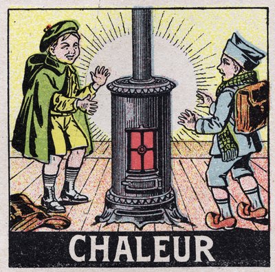 Etere (materiale): due bambini riscaldati dal calore di una stufa. Illustrazione anonima del 1925. Collezione privata. da Anonymous Anonymous