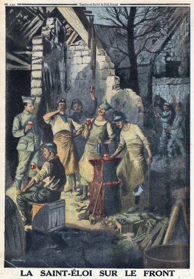 Prima Guerra Mondiale 1914-1918. Celebrazione di San Eloi (Saint-Eloi) dei soldati al fronte. Tutti bevono un bicchiere di vino rosso per la festa. In 