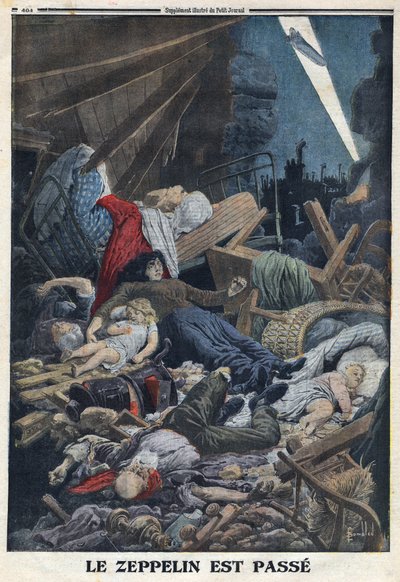 Prima Guerra Mondiale 1914-1918. Popolazione civile uccisa nella sua casa dal bombardamento di un dirigibile della forza aerea tedesca. In "Le Petite Journal", il 13/02/1916. Collezione privata da Anonymous Anonymous