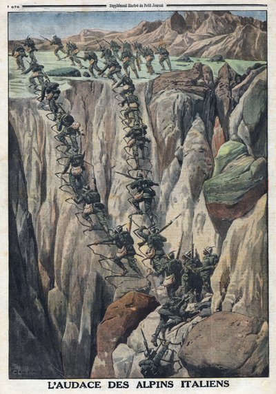 Prima Guerra Mondiale 1914-1918. Soldati italiani scalano la vetta del Cauriol nelle Alpi di Fiemme in Italia. In "Le Petite Journal", 8 ottobre da Anonymous Anonymous