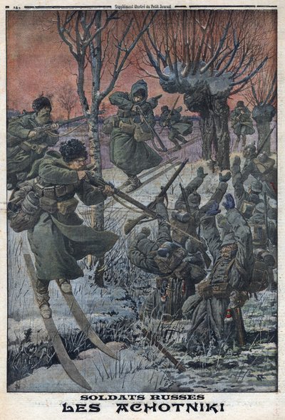 Prima Guerra Mondiale 1914-1918. Soldati russi Ahotniki sugli sci sparano ai soldati tedeschi. In 