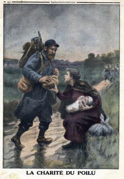 Prima Guerra Mondiale 1914-1918. La carità del peloso: un soldato francese su un sentiero si ferma per offrire pane a una donna sola con il suo bambino. In 