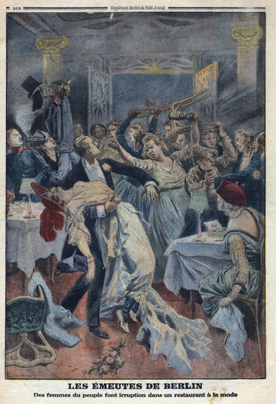 Prima Guerra Mondiale 1914-1918. Le donne del popolo irrompono in un ristorante alla moda e chiedono il ritorno dei loro mariti. In "Le Petite Journal", il 16/01/1916. Collezione privata da Anonymous Anonymous