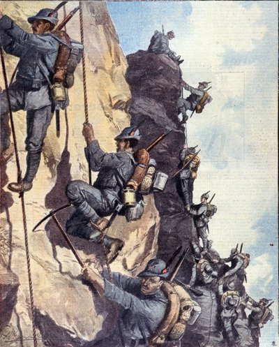 Prima Guerra Mondiale: cacciatori alpini italiani che scalano una parete nelle Alpi italiane da Anonymous Anonymous
