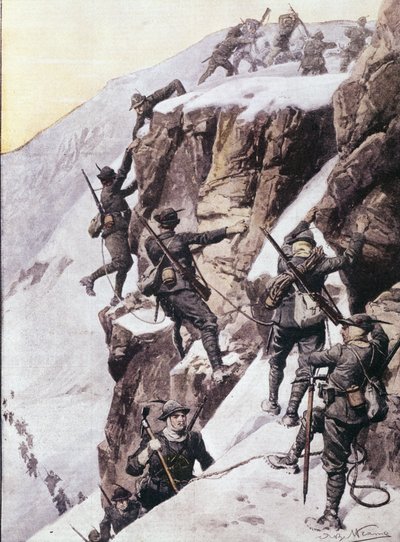 Prima Guerra Mondiale: cacciatori alpini italiani che scalano la vetta del Tuckettspitze, Alpi circa 1915. Illustrazione da 