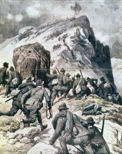 Prima Guerra Mondiale: cacciatori alpini italiani che scalano la cima del Cauriol, Alpi italiane. Illustrazione da 