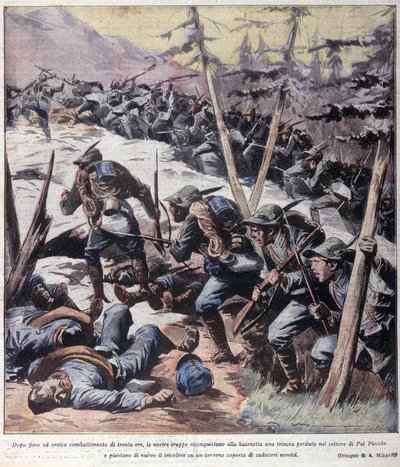 Prima Guerra Mondiale: cacciatori alpini italiani riconquistano il Pal Piccolo, Alpi italiane, 1916. Illustrazione da 