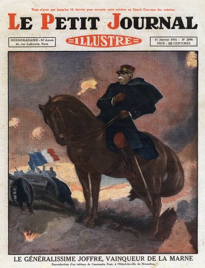 Prima guerra mondiale: ritratto del generale Joseph Joffre (1852-1931) a cavallo, rappresentato come vincitore sul campo di battaglia della Marna (settembre 1914) - illustrazione da un dipinto di Constantine Font. Incisione da 