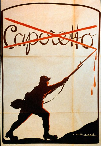 Prima Guerra Mondiale: manifesto pubblicato in occasione della sconfitta di Caporetto (o Battaglia di Karfreit) alla fine di ottobre 1917 che rappresenta un soldato dell