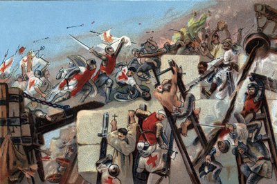 Prima crociata (1096-1099): la cattura di Gerusalemme da parte dei crociati guidati da Goffredo di Buglione (1061-1100) il 15 luglio 1099. Cromolitografia pubblicitaria dei cioccolati Antoine a Bruxelles, inizio del XX secolo. Collezione privata da Anonymous Anonymous