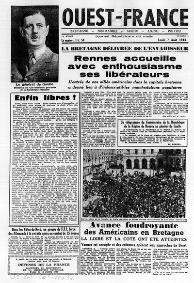 Primo numero di Ouest-France del 7 agosto 1944: La Liberazione nell