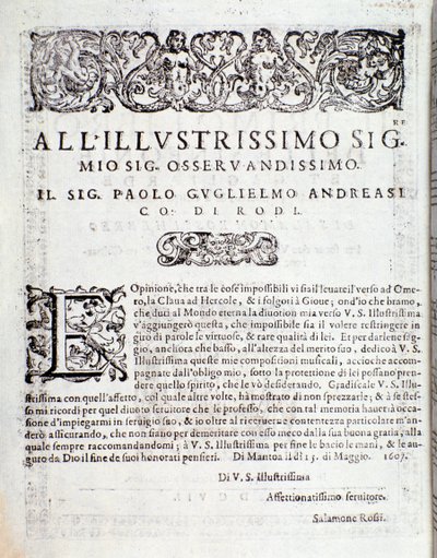 Prima pagina di Primo libro di sinfonie e gagliarde, di Salomone Rossi da Anonymous Anonymous
