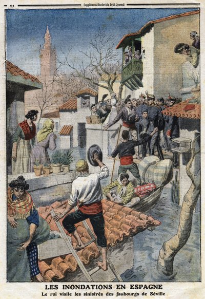 Inondazioni in Spagna: il re Alfonso XIII (1886-1941) visita i sobborghi sinistrati di Siviglia. Incisione in "Le Petit Journal", il 25/02/1912. Collezione privata da Anonymous Anonymous