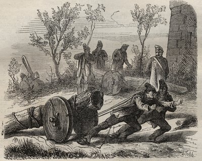 Forzati boscaioli al bagne di Tolone nel XIX secolo. Incisione in "Histoire des bagnes depuis leur création à nos jours" (1877) di Pierre Zaccone (1817-1895) (Colonia Penale). Collezione privata da Anonymous Anonymous