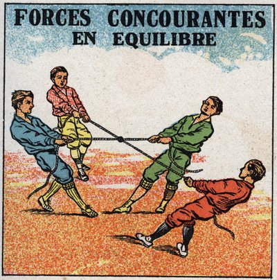 Forze: forze concorrenti in equilibrio. Bambini che tirano un anello, ciascuno con una corda dal proprio lato, rimanendo in equilibrio. Illustrazione anonima del 1925. Collezione privata da Anonymous Anonymous