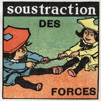 Forze: sottrazione delle forze. Due bambini tirano una corda. Illustrazione anonima del 1925. Collezione privata. da Anonymous Anonymous