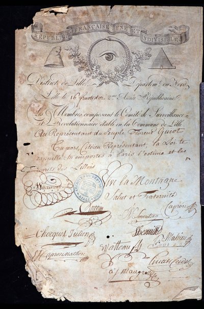 Rivoluzione francese: attestato di cittadinanza di Guiot de Saint-Florent (Saint Florent) detto Florent-Guiot (o Florent-Guyot) (1735-1834), rivoluzionario e rappresentante del popolo, dal Comitato Rivoluzionario di Lille datato 16 anni II (02/09/1 da Anonymous Anonymous