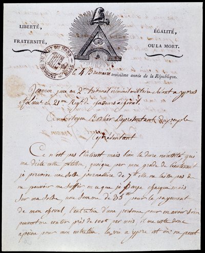 Rivoluzione francese: prima pagina e intestazione di una lettera amministrativa militare 4 nebbia anno III (25/10/1794) datata 18 Frimaio anno III (08/12/1794) con l