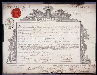 Rivoluzione francese: documento ufficiale di congedo militare datato 5 Prairial anno IV (24/05/1796) di un tenente della brigata del distretto di Cambrai. Archivi dipartimentali del Nord Lille da Anonymous Anonymous
