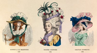 Da sinistra a destra: Cappello alla marinara nel 1787; Grande acconciatura nel 1785 e cappello Bonnette nel 1786 da Anonymous Anonymous