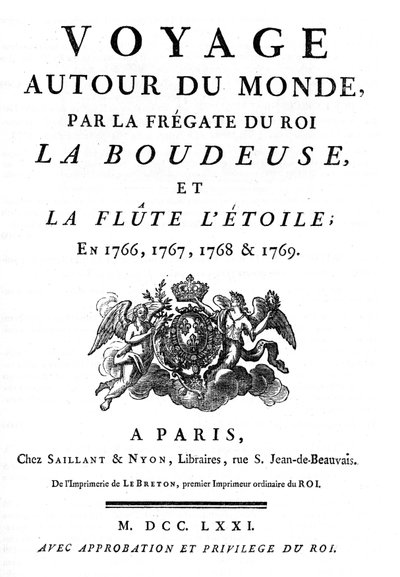 Frontespizio del 1771 del libro "Viaggio intorno al mondo per la fregata del re La Boudeuse e il flauto L