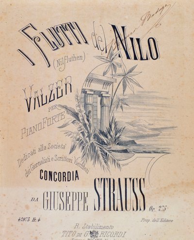 Frontespizio delle partiture musicali di Nile Waters Waltzes per pianoforte di Josef Strauss da Anonymous Anonymous