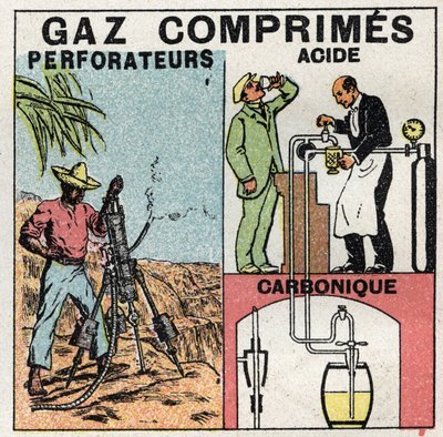 Pressione del gas: pentole a gas utilizzate per trapani ad aria compressa e nella produzione di birra. Illustrazione anonima del 1925. Collezione privata. da Anonymous Anonymous