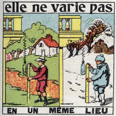 Granulosità: non varia in un luogo. Un bambino misura la gravità con una molla nello stesso luogo in estate e in inverno. Illustrazione anonima del 1925. Collezione privata. da Anonymous Anonymous