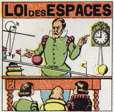 Granulosità: legge degli spazi. Galileo Galilei (1564-1642) osserva il movimento di una palla su un piano inclinato per studiare la caduta dei corpi. Illustrazione anonima del 1925. Collezione privata da Anonymous Anonymous