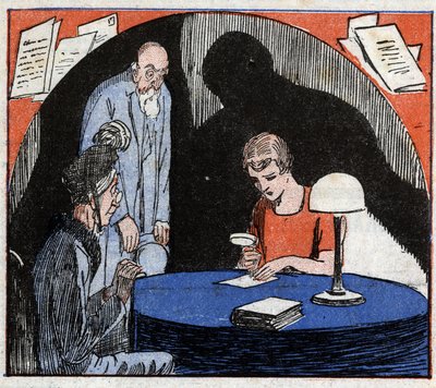 Grafologia: un grafologo, consultato da una coppia anziana, legge con una lente d