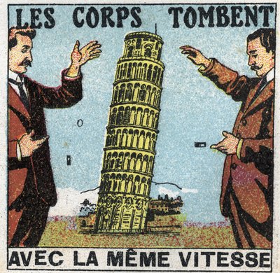 Gravità: i corpi cadono alla stessa velocità. Uso della Torre di Pisa per illustrare le leggi della caduta dei corpi. Illustrazione anonima del 1925. Collezione privata. da Anonymous Anonymous