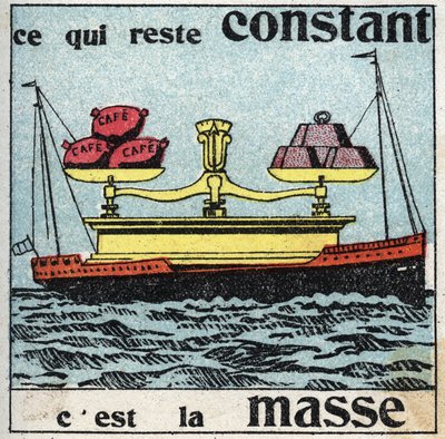 Gravità: la massa rimane costante. Una grande bilancia con pesi che bilanciano sacchi di caffè, tutto su una barca. Illustrazione anonima del 1925. Collezione privata. da Anonymous Anonymous