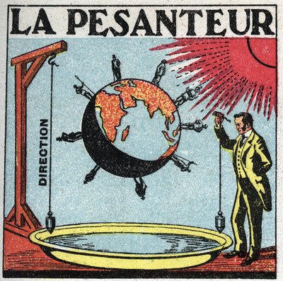 Gravità: la direzione della gravità è quella del filo a piombo, è perpendicolare alla superficie delle acque calme, la verticale. In due punti lontani dalla Terra, due fili a piombo possono essere considerati paralleli. Illustrazione anonima del 1925. Coll da Anonymous Anonymous