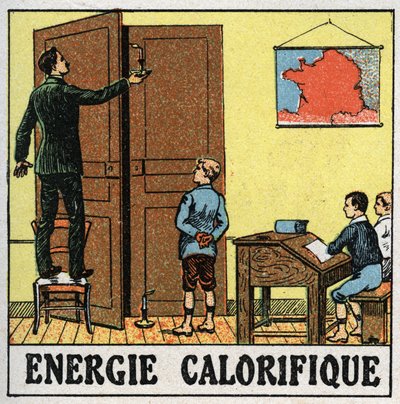 Energia termica: un insegnante in una classe tiene una candela vicino a una porta aperta. Illustrazione anonima del 1925. Collezione privata. da Anonymous Anonymous