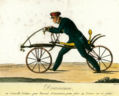 Storia della bicicletta: la draisienne, una nuova carrozza molto popolare intorno al 1818. Incisione del 1818. Collezione privata da Anonymous Anonymous