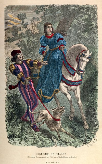 Costumi da caccia nel XV secolo, giovane donna a cavallo con il suo scudiero, collezione privata da Anonymous Anonymous