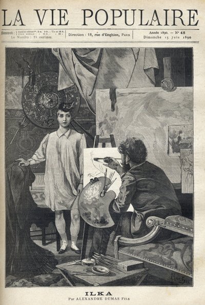 In un laboratorio, un giovane modello in camicia e calzino con un piccolo cappello piumato, posa per un pittore, sistemato al suo cavalletto, tenendo la sua tavolozza e i pennelli, applicandosi al suo schizzo. Illustrazione di Alfons Maria Mucha da Anonymous Anonymous