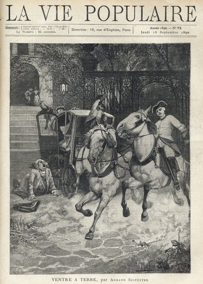 Davanti alla scalinata di un piccolo castello, un giovane cavaliere arriva nel cortile a tutta velocità, spronando il suo cavallo e spaventando i cavalli della carrozza parcheggiata vicino al cancello, un uomo grande con una parrucca protestata si stende a da Anonymous Anonymous