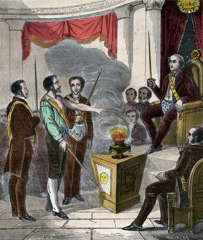 Iniziazione di un massone francese nella confraternita - Cerimonia di ricezione di un massone - Incisione del 1879 in 